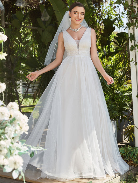 EVER-PRETTY Sequin Decor Pearls Beaded Mesh Wedding Dress